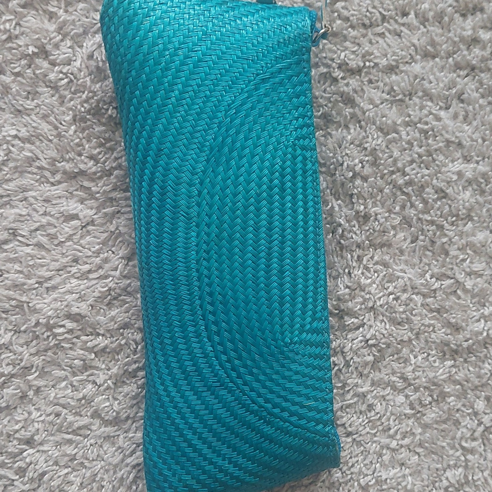 Teal Blue Woven Stitched By Artekraft Zipper Clutch Approx. 9 in